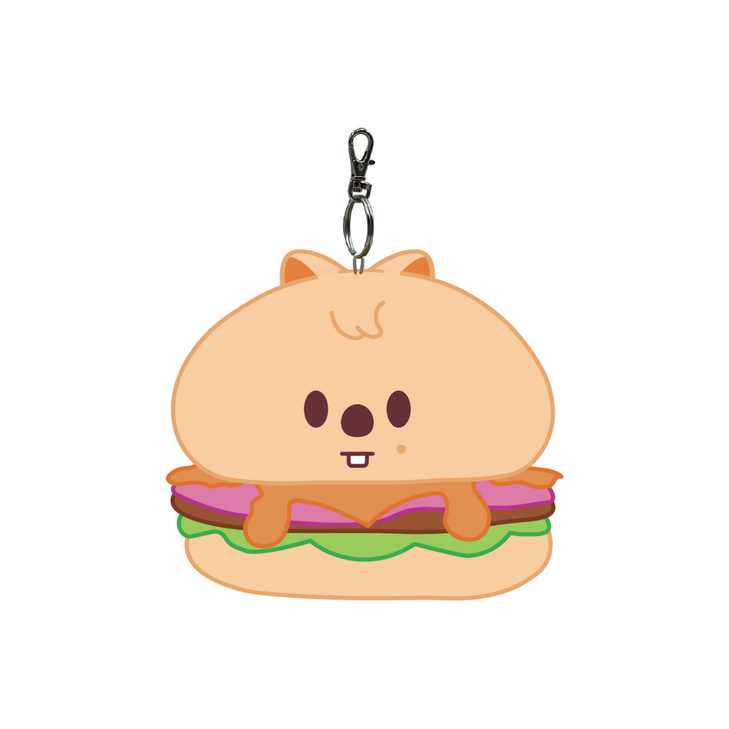 Keychain shaped like a cartoonish burger with a face on a white background