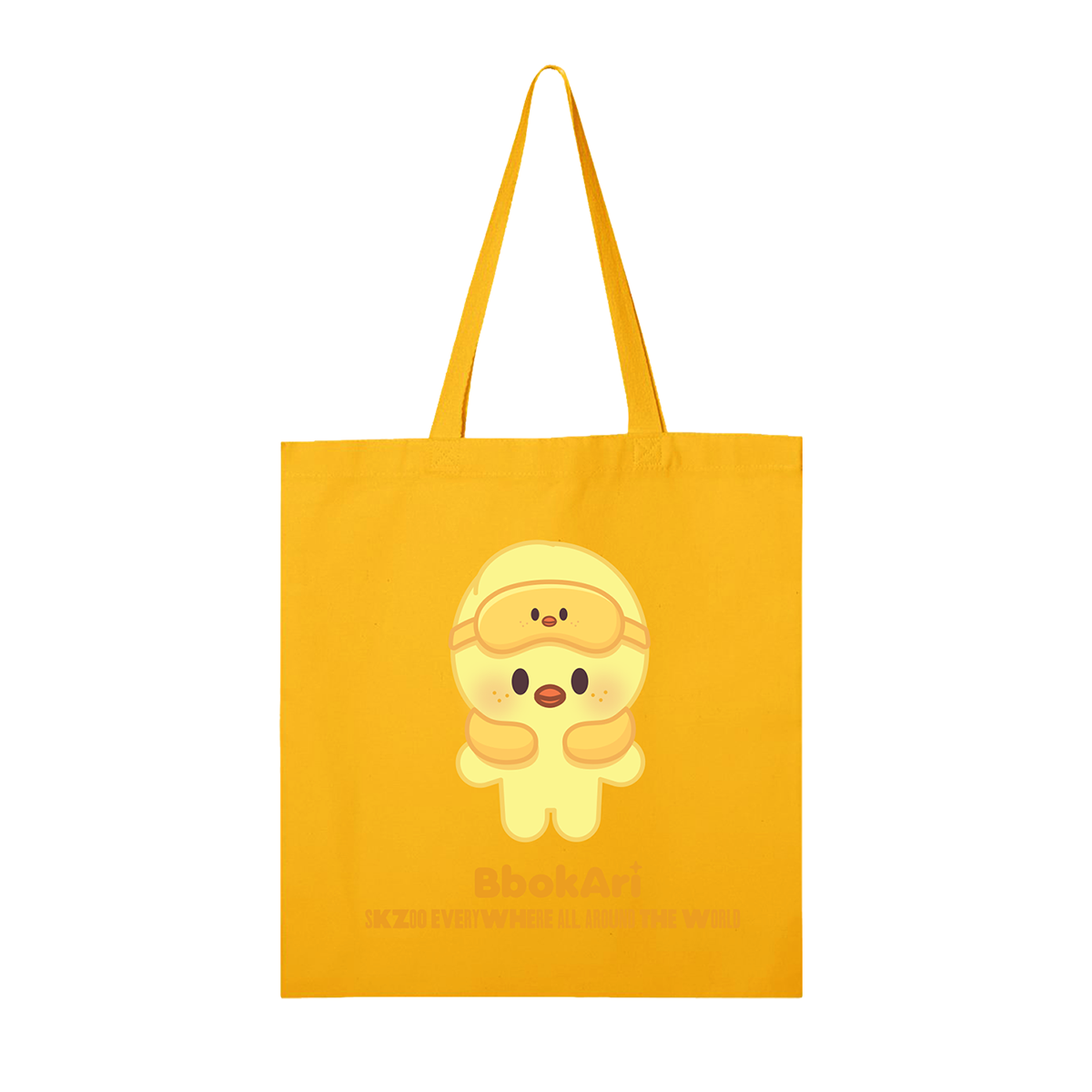 Yellow tote bag with a cartoon character 