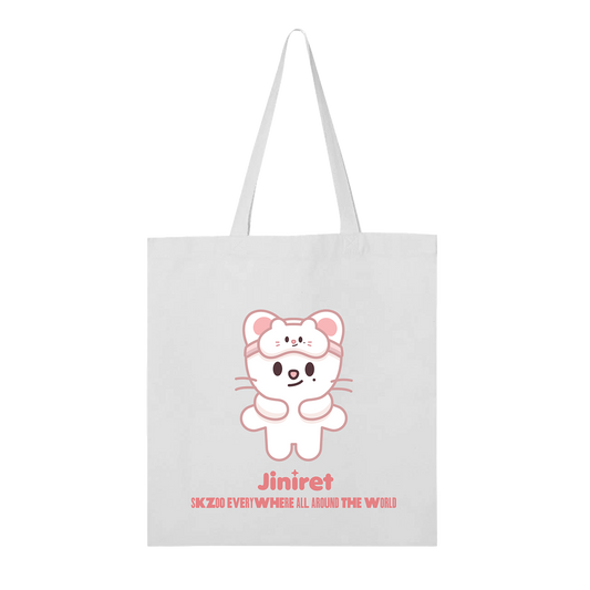 White tote bag with a cartoon character and 'Jiniret' branding 