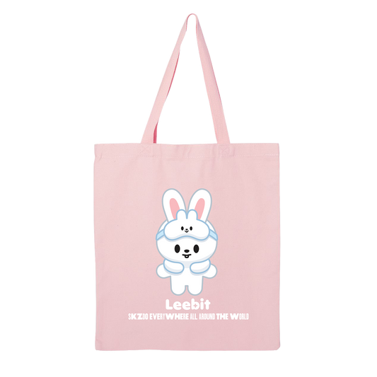 Pink tote bag with Leebit cartoon rabbit character and Leebit text