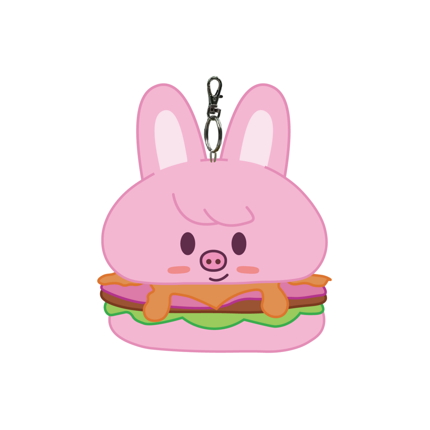 Pink cartoon character keychain with a burger design