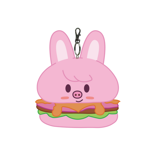 Pink cartoon character keychain with a burger design