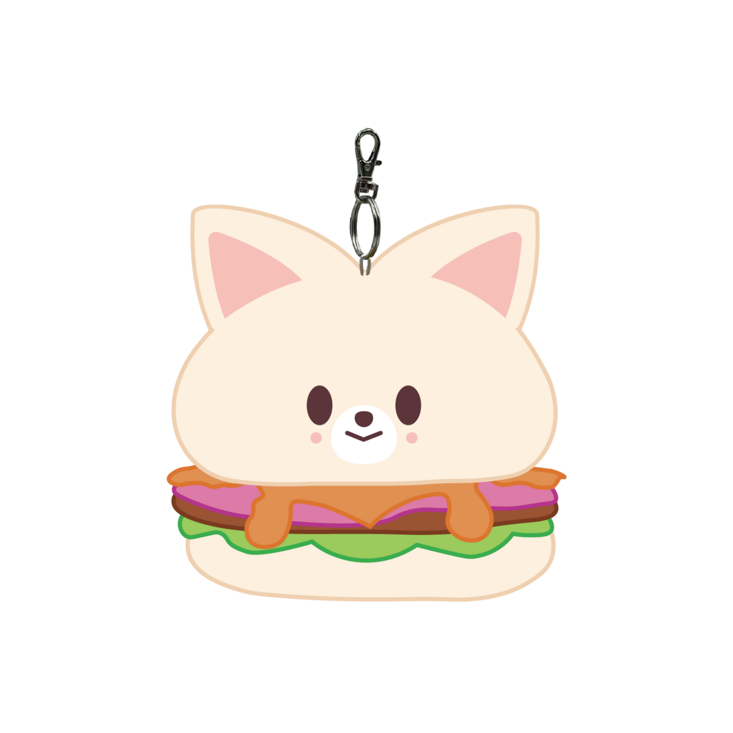 Keychain shaped like a cat with a burger design
