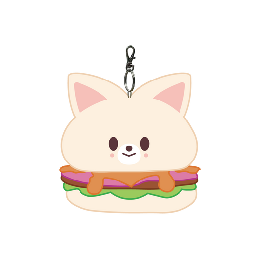 Keychain shaped like a cat with a burger design