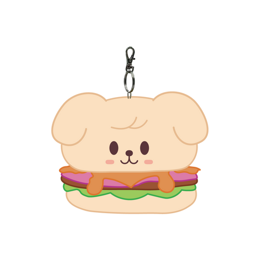 Keychain shaped like a dog with a burger bun