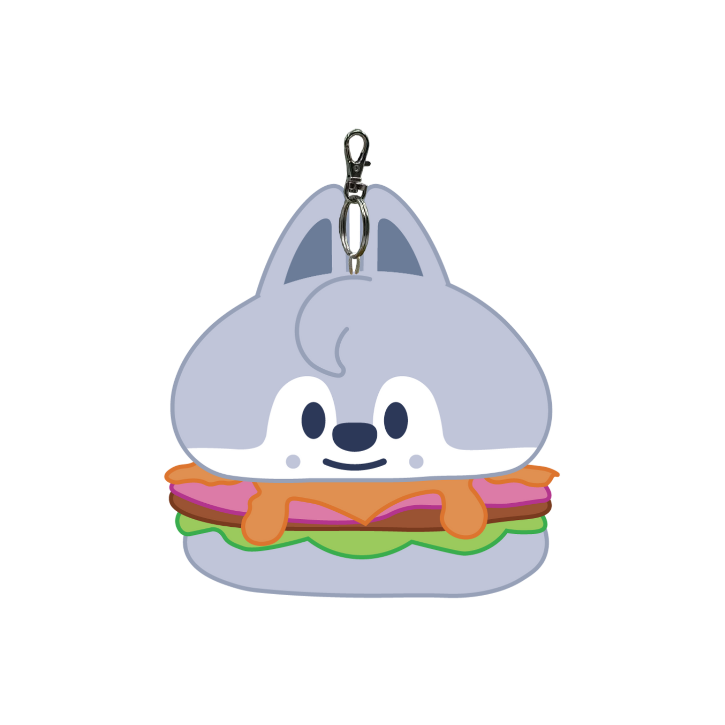 Keychain shaped like a cartoon shark with a colorful burger design 