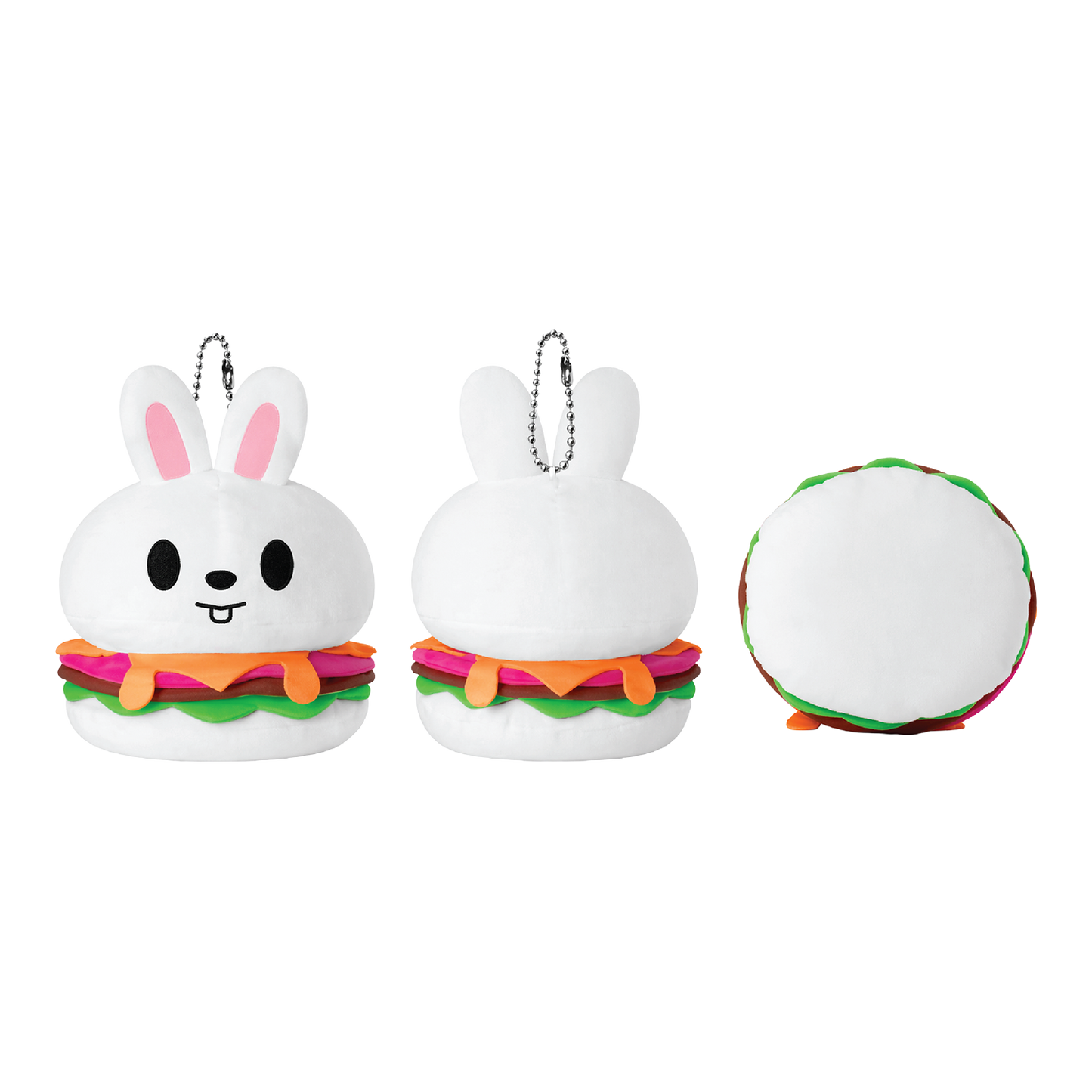 Three views of a white bunny-shaped burger plush keychain on a plain white background. The front and back show a white bunny head with pink inner ears, black eyes, a small smile, and colorful burger layers in pink, orange, yellow, and green.
