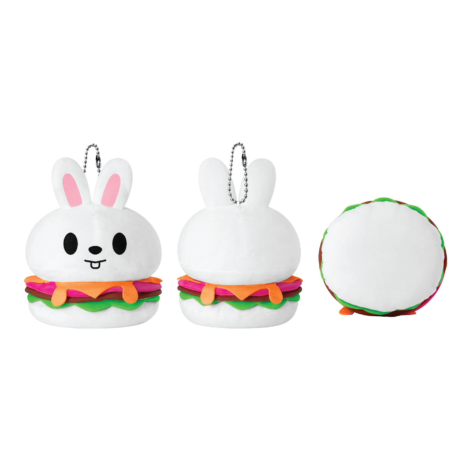 Three views of a white bunny-shaped burger plush keychain on a plain white background. The front and back show a white bunny head with pink inner ears, black eyes, a small smile, and colorful burger layers in pink, orange, yellow, and green.