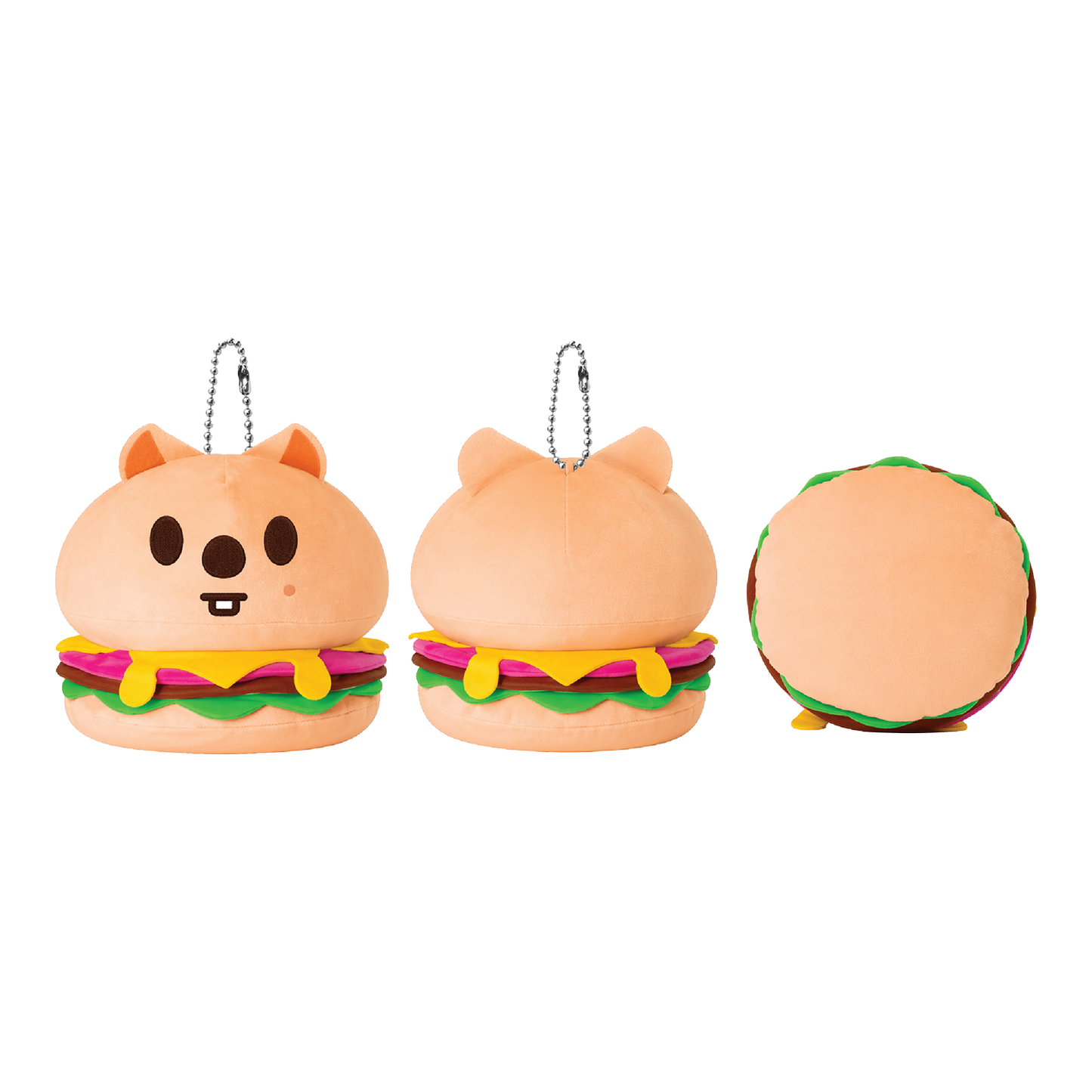Three views of a plush toy shaped like a cat burger: front view with a face and keychain loop, back view, and side view,