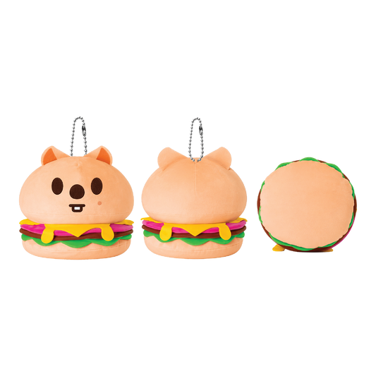 Three views of a plush toy shaped like a cat burger: front view with a face and keychain loop, back view, and side view,