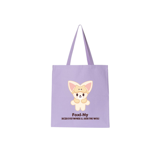 Purple tote bag with a cartoon fox design 