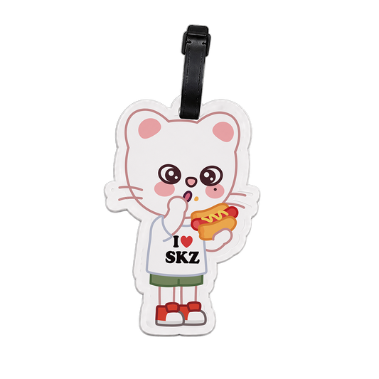 Cartoon character luggage tag with 'I ❤️ SKZ' text 