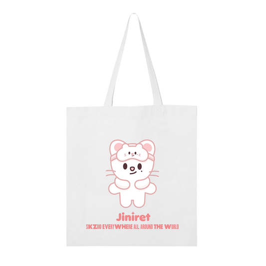 White tote bag with a cartoon character and 'Jiniret' branding 