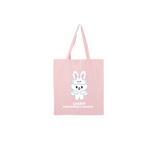 Pink tote bag with a cartoon character and 'Leebit' text 