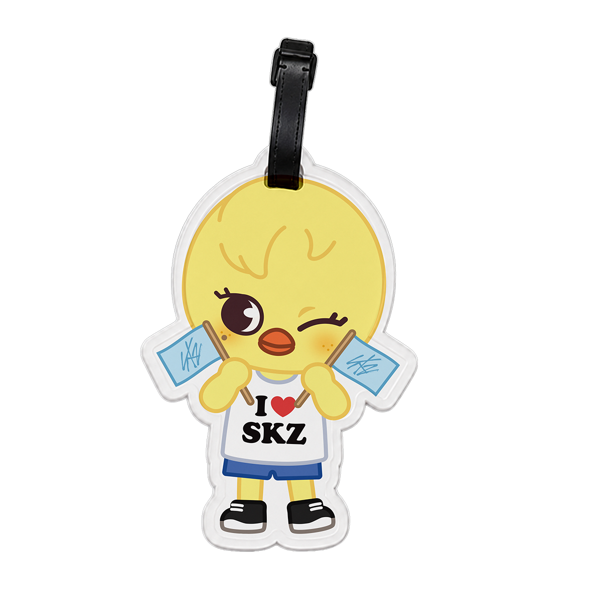 Cartoon character luggage tag with 'I ❤️ SKZ' text 