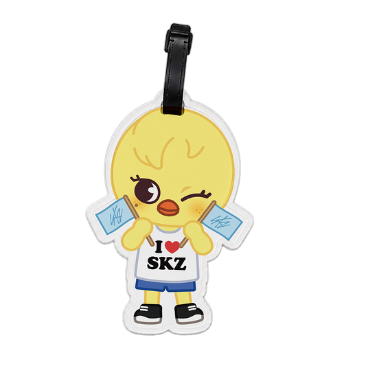 Cartoon character luggage tag with 'I ❤️ SKZ' text 