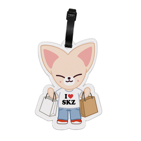 Cartoon character luggage tag with 'I ❤️ SKZ' text 