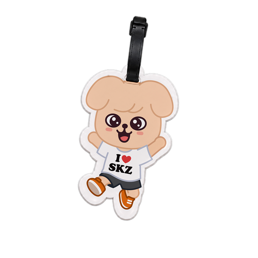 Luggage tag with cartoon character wearing a shirt saying 'I ❤️ SKZ' 