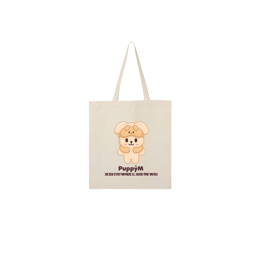 Beige tote bag with PuppyM character