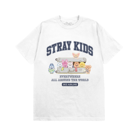 White t-shirt with 'Stray Kids' logo and character illustrations