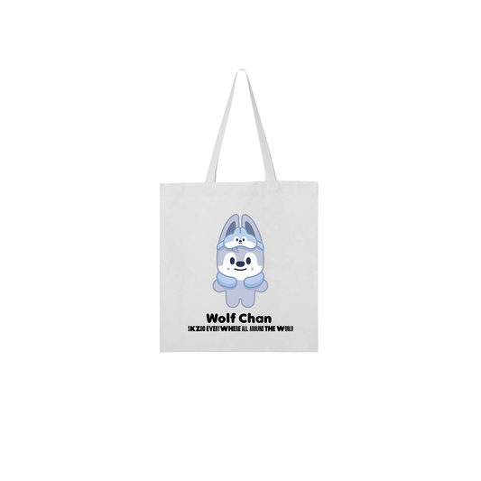 White tote bag with a cartoon wolf character 