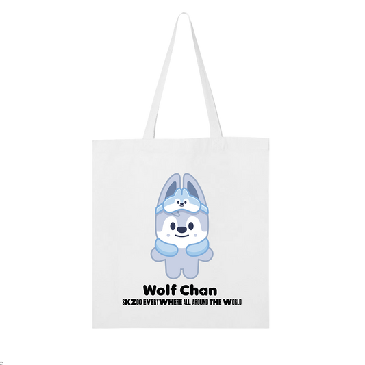 White tote bag with Wolf Chan character and Wolf Chan black text 